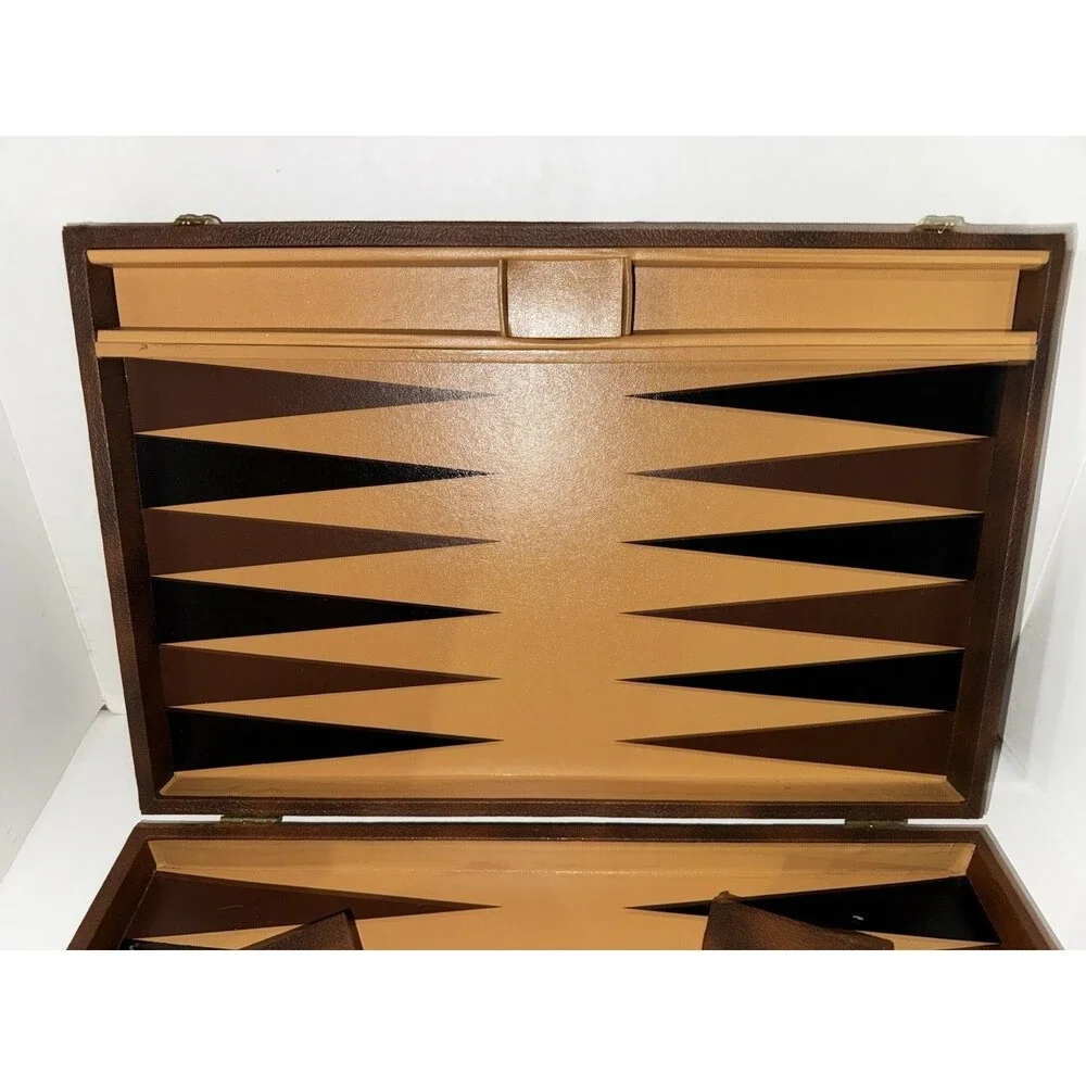 Vintage Full Size Backgammon Game Set Large Portable Brown Case Complete